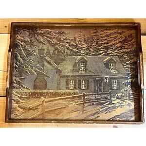 Vintage Handmade Etched Wood Tray with Handles Log Cabin Design House of Lloyds